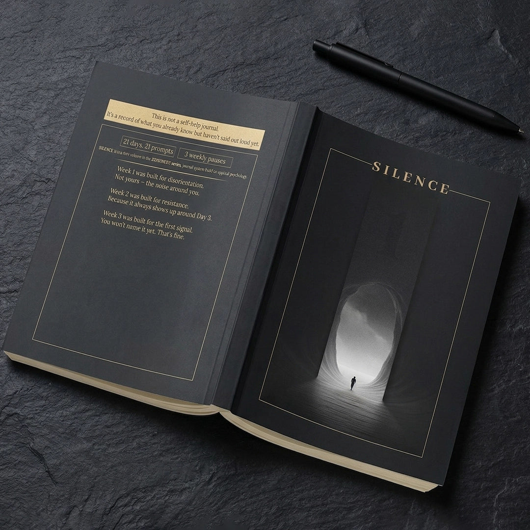 SILENCE journal open flat showing design page and cover