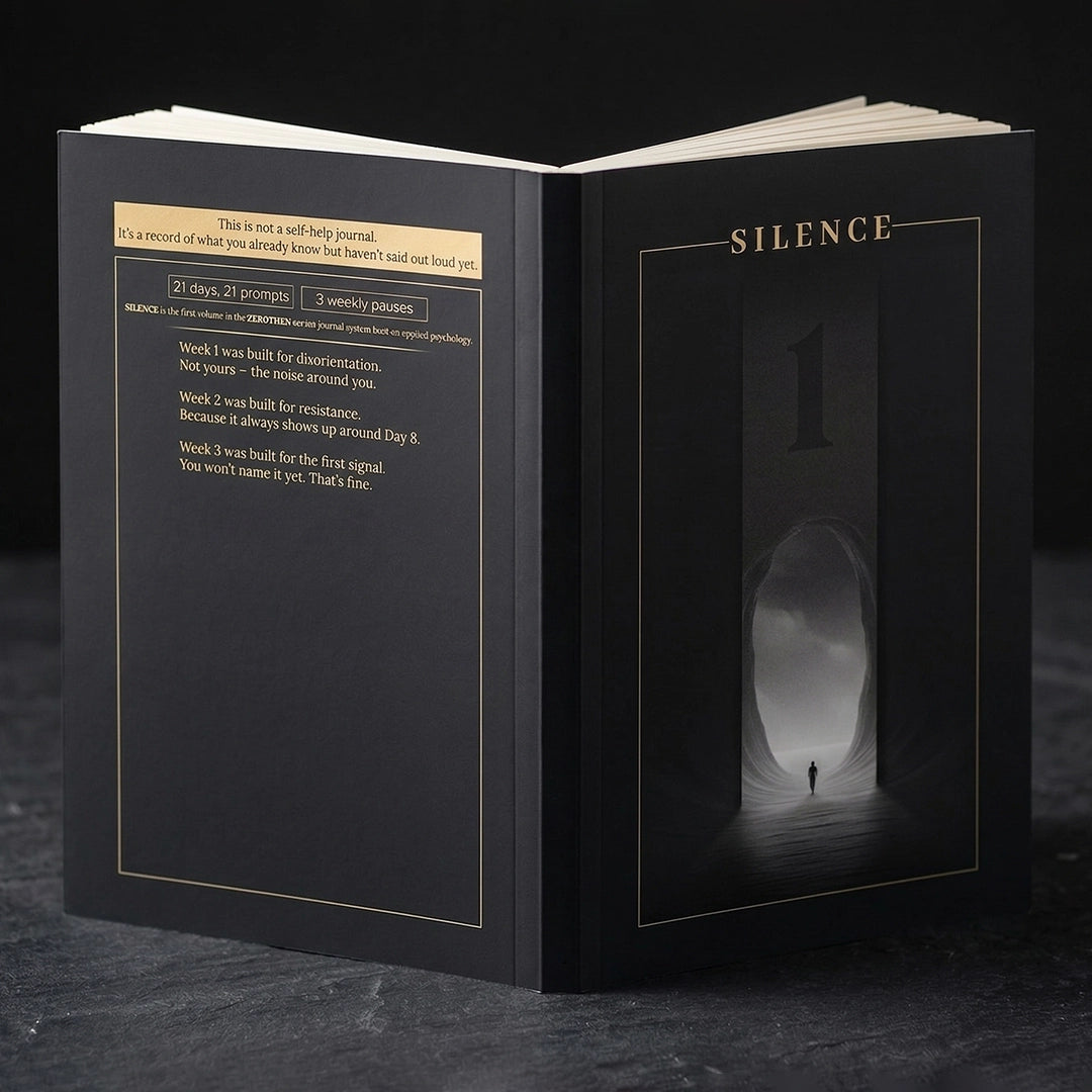 SILENCE journal standing open showing front and back cover