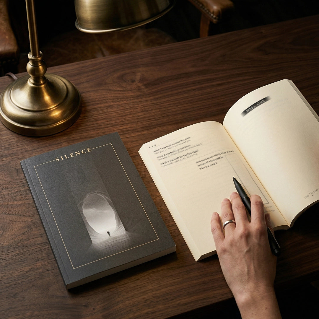 Writing in SILENCE journal on wooden desk